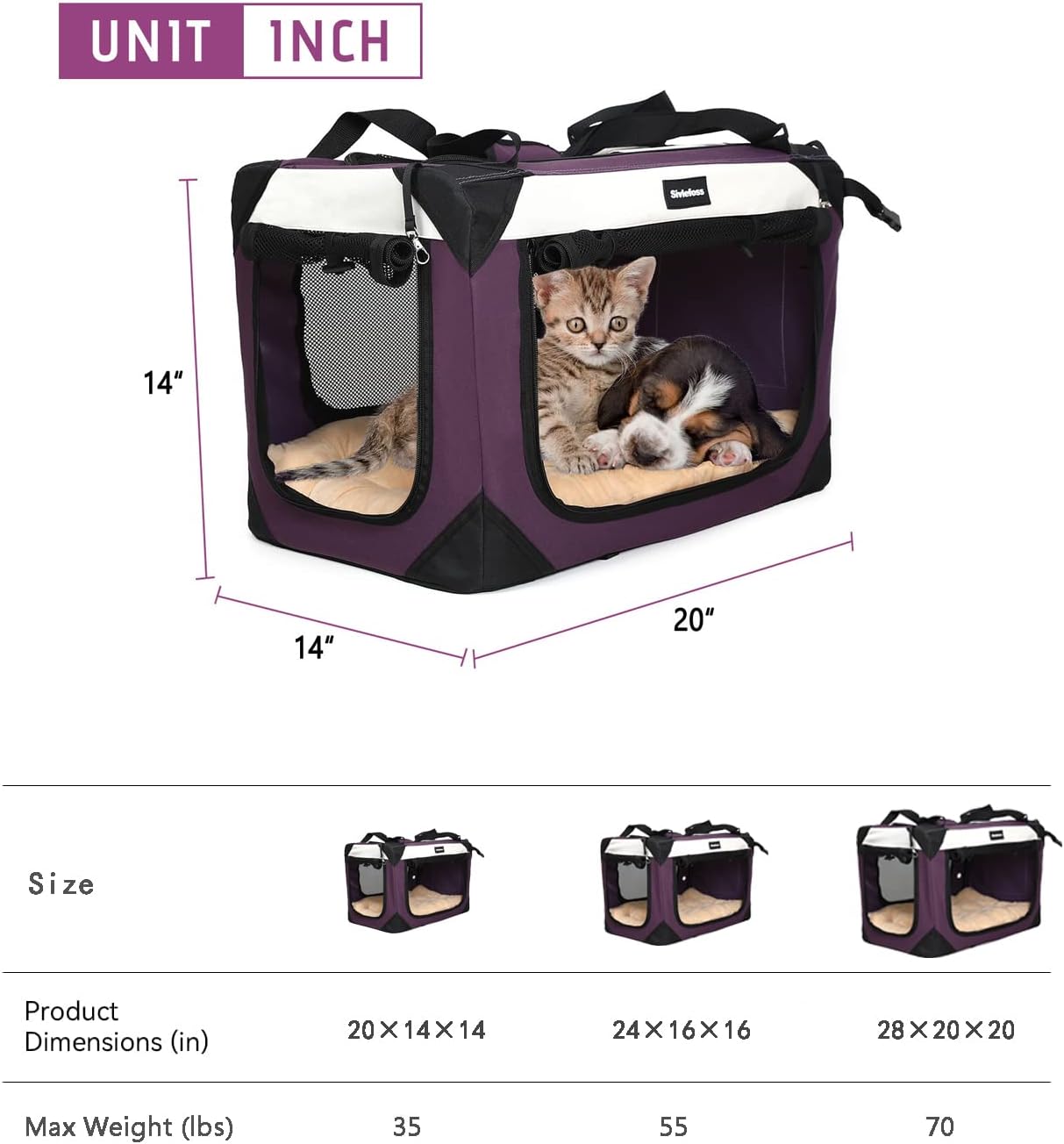 Large Cat Carrier, Collapsible Dog Travel Crate Portable Soft-Sided Pet Carrier with Super Soft Warm Plush Mat for Indoor and Outdoor 20x14x14in,Purple