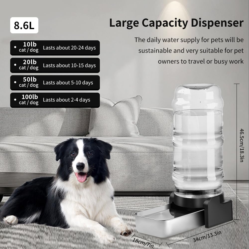 Marchul 2.3 Gallon Dog Water Dispenser, Large Dog Water Dispenser with Placemat and Stainless Steel Bowl, Automatic Gravity Pet Bowl for Dogs Medium to Large (3 Filters) 8.6L