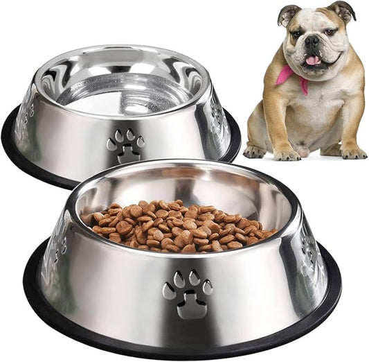 YUDANSI 2 Stainless Steel Dog Bowls, Dog Feeding Dishes, Doggie Plate Food Bowls with Rubber Base, Medium and Large Pet Feeder for Food and Water (L-28.8oz)