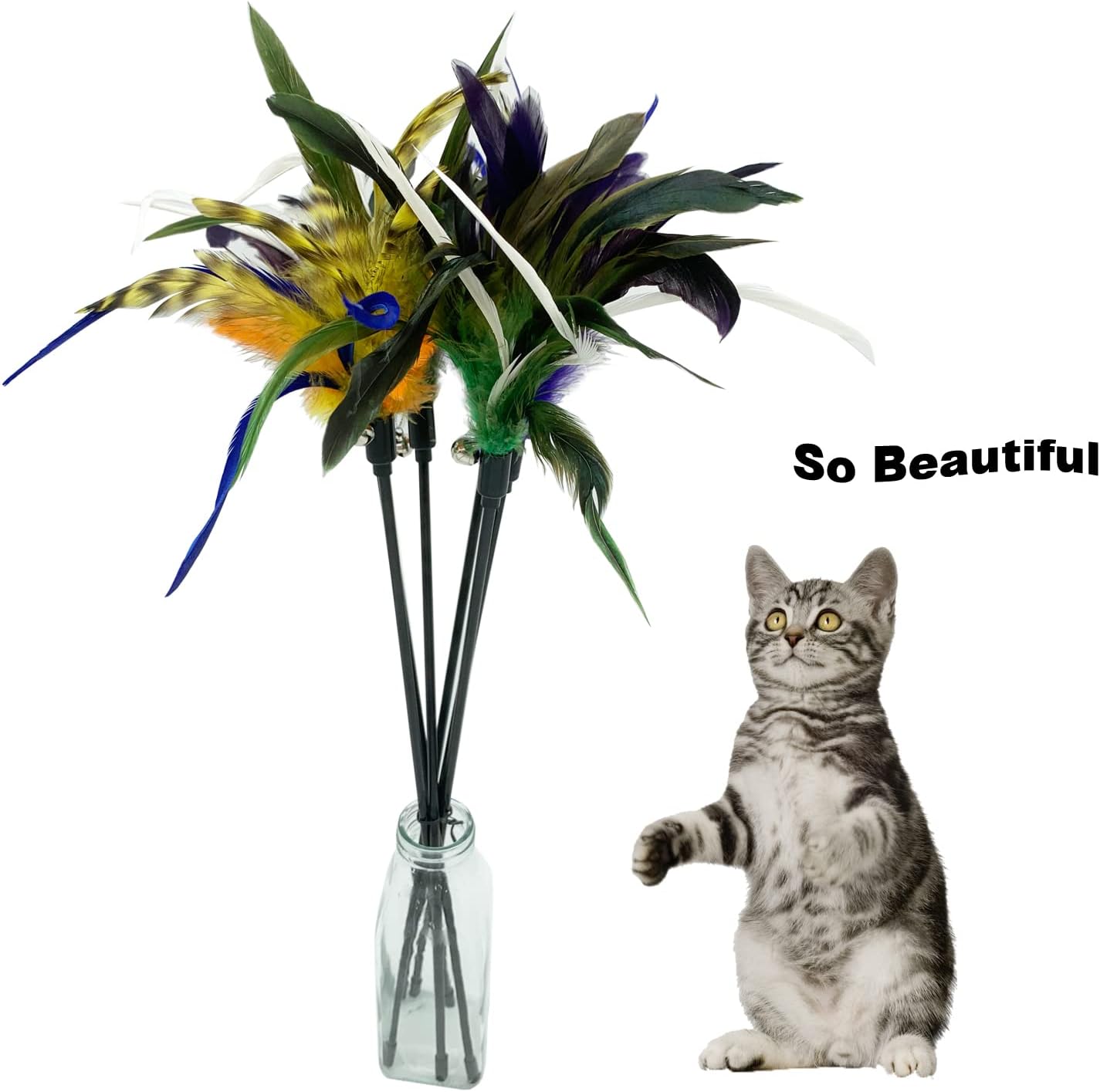 Cat Wand Toy Feather Stick Cat Toys, 6 Pieces Interactive Cat Toy Feathers Wand for Indoor Cats (C)