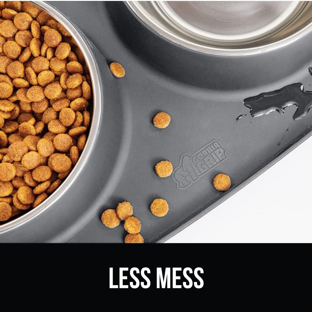 GORILLA GRIP Feeding Mat Set, 4 Cup, Patent Pending 100% Waterproof BPA Free Silicone, Stainless Steel Cat and Dog Bowls, Slip Resistant, High Edges Catch Water Food, US Designed Pet Accessories, Gray