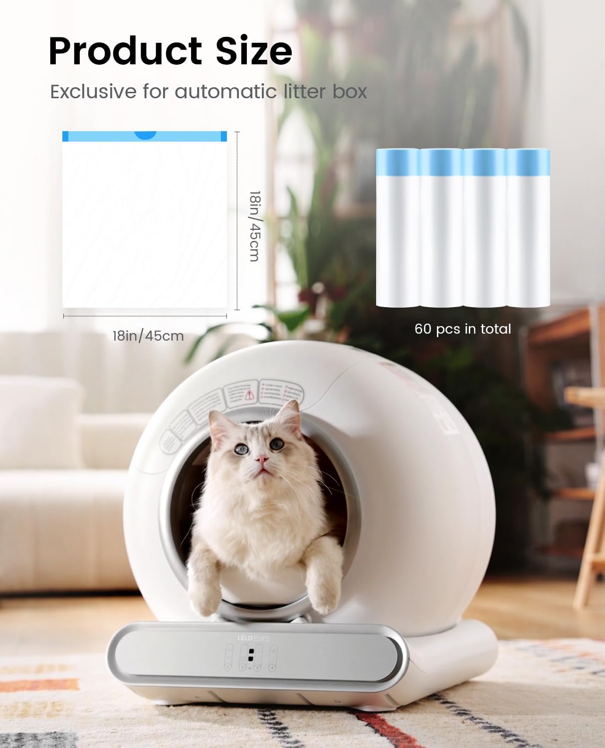 Cat Litter Box Liners-60 Count, Drawstring Cat Litter Waste Receptacles Bags for LELO ELVES LMSP-10-18" x 18"