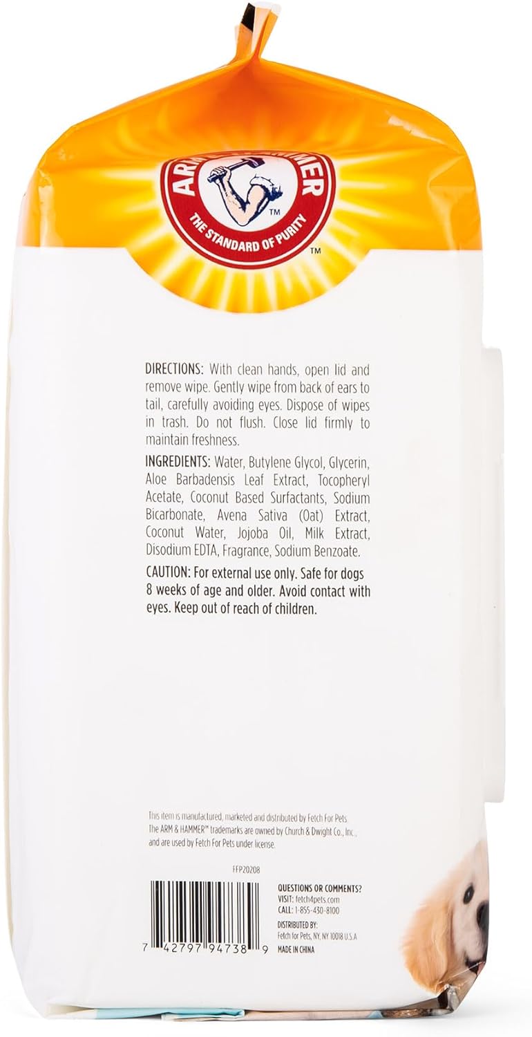 Arm & Hammer for Pets Gentle Puppy Bath Wipes, Coconut Water All Purpose Puppy Cleaning Wipes Remove Odor & Refresh Skin for Pets Gentle Tearless Pet Wipes 100 Count, (Pack of 3)