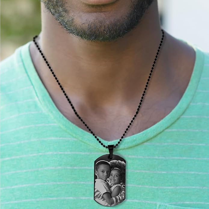 PicturesOnGold.com Black Plated Stainless Steel Custom Photo Dog Tag Pendant Personalized Picture Necklace w- 24 inch Ball Chain - 1 1/4 Inches x 2 Inches - Jewelry Gifts for Men & Women