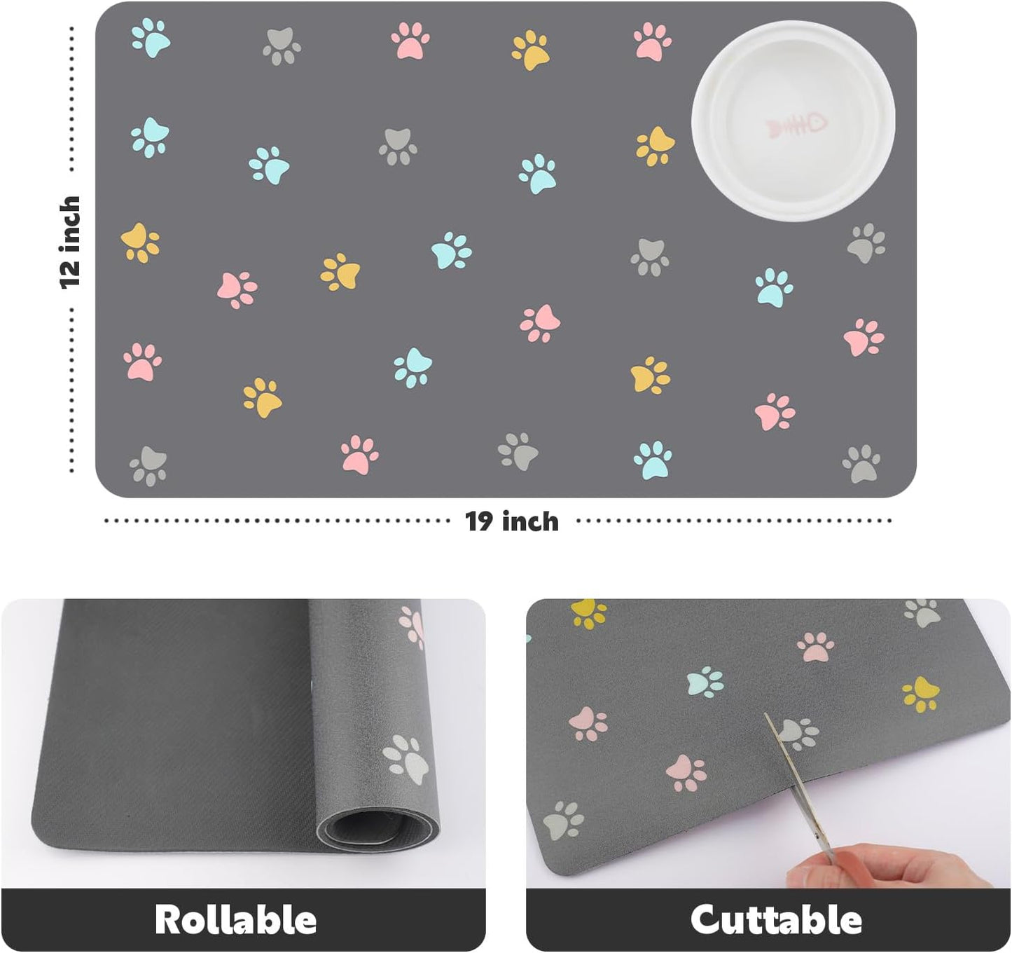 Cat Food Mat Absorbent Dog Mat for Food and Water Non Slip Quick Dry Dog Bowl Mats for Floors 19" X 12" Paw Light Gray
