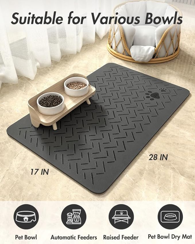 MontVoo-Absorbent Pet Feeding Mat-No Stains Quick Dry Dog Mat for Food and Water Bowl-Rubber Backing Dispenser Mat Accessories Supplies-Dog Bowl Messy Drinkers,Dark Grey