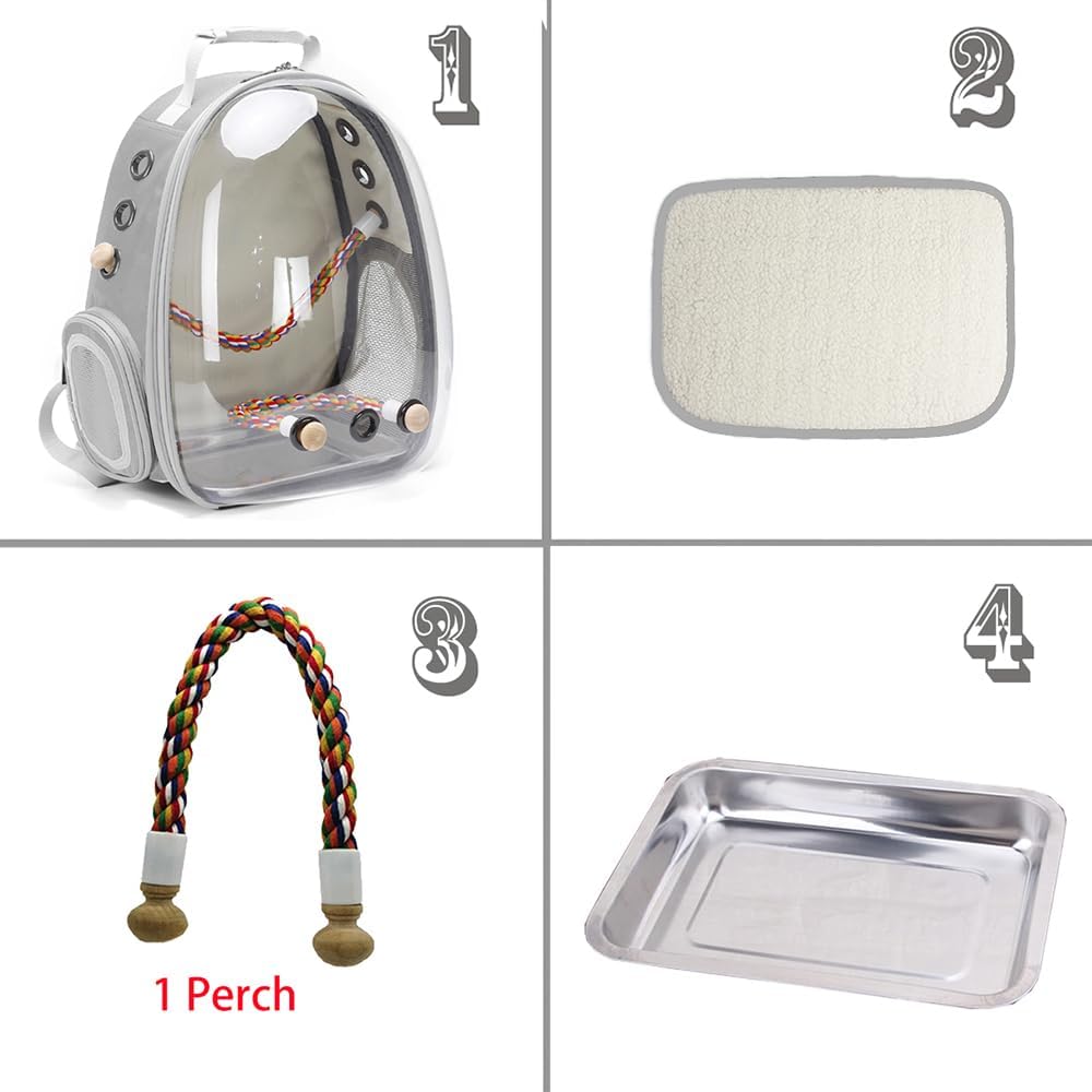 Bird Traval Carrier Cage, Clear Space Capsule Astronaut Backpack to Carry Parakeet Cockatiel Parrot with Metal Tray Wood Perch, Vet Transport School Bag