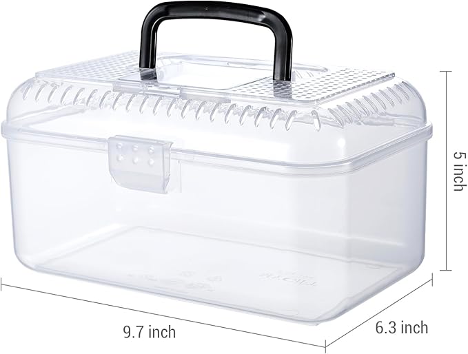 MyGift 9.5 x 6 Inch Clear Portable Insect Reptile Terrarium Tank with Black Carrying Handle, Transparent Travel Carrier for Insects Arachnids Amphibians Small Reptiles