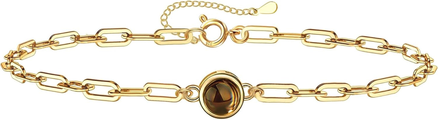 Personalized Photo Projection Bracelet 925 Sterling Silver Projection Bracelet with Picture Inside,I Love You 100 Languages Photo Round Pendant Bracelet Gifts for Women Wife Birthday Anniversary