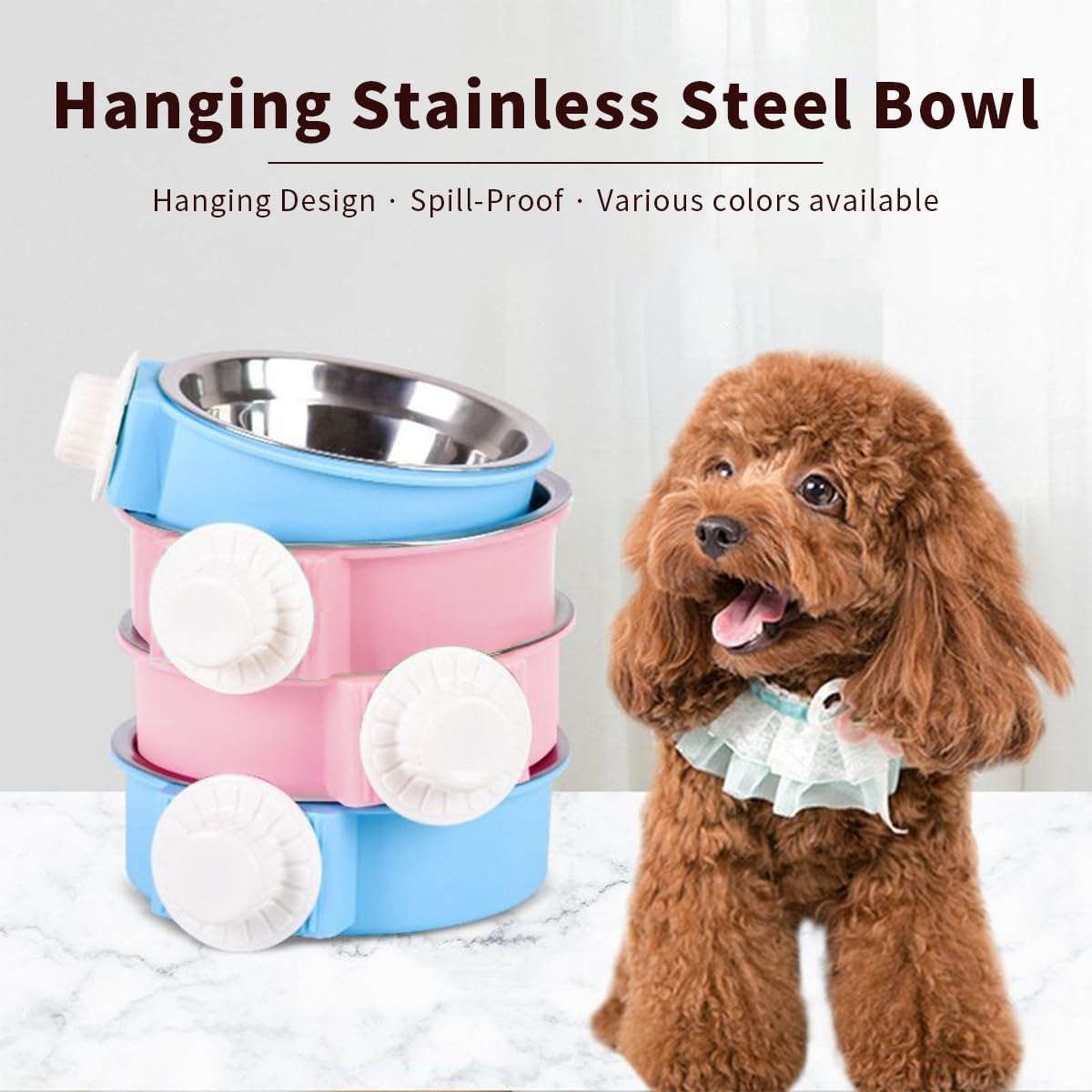 2Pcs Pets Lightweight Stainless Steel Bowl,Removable Stainless Steel Pet Hanging Food Water Feeder Bowl Cage Coop Cup for Puppy Medium Dog Cat Rabbit Ferret Bird Gunea Pigs (Blue, M)