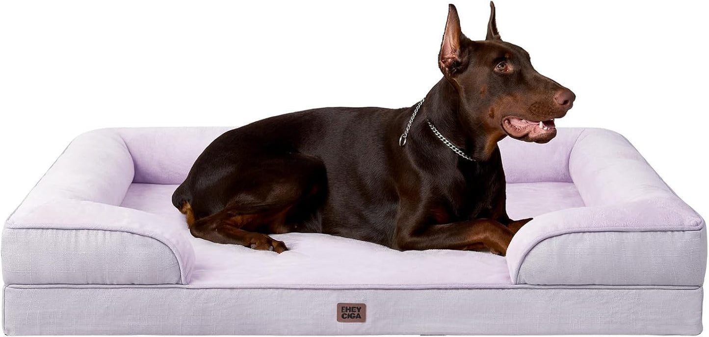 EHEYCIGA Orthopedic XL Dog Beds, Waterproof Memory Foam Dog Bed for Extra Large Dogs, Non-Slip Bottom and Egg-Crate Foam Big Pet Couch Bed with Washable Removable Cover,Lilac