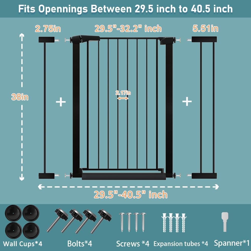 Fairy Baby 38" Extra Tall Baby Gate for Stairs Doorways, Fits Openings 29.5" to 40.5" Wide, Auto Close Extra Wide Dog Gate Indoor for House, Metal Pressure Mounted Safety Child Gate for Pets, Black