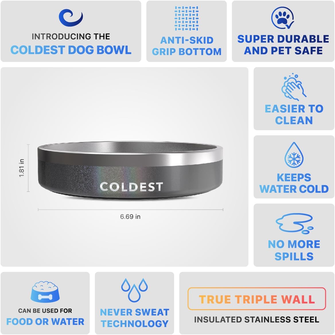 Coldest Dog Bowl - Anti Rust Metal, Non Slip, 3 Layers Insulated Stainless Steel Dog Bowls - Spill Proof & Heavy Duty - Water Bowl for Dogs, Cats & Pets, Dish Washer Safe (21 oz, Stardust Glitter)