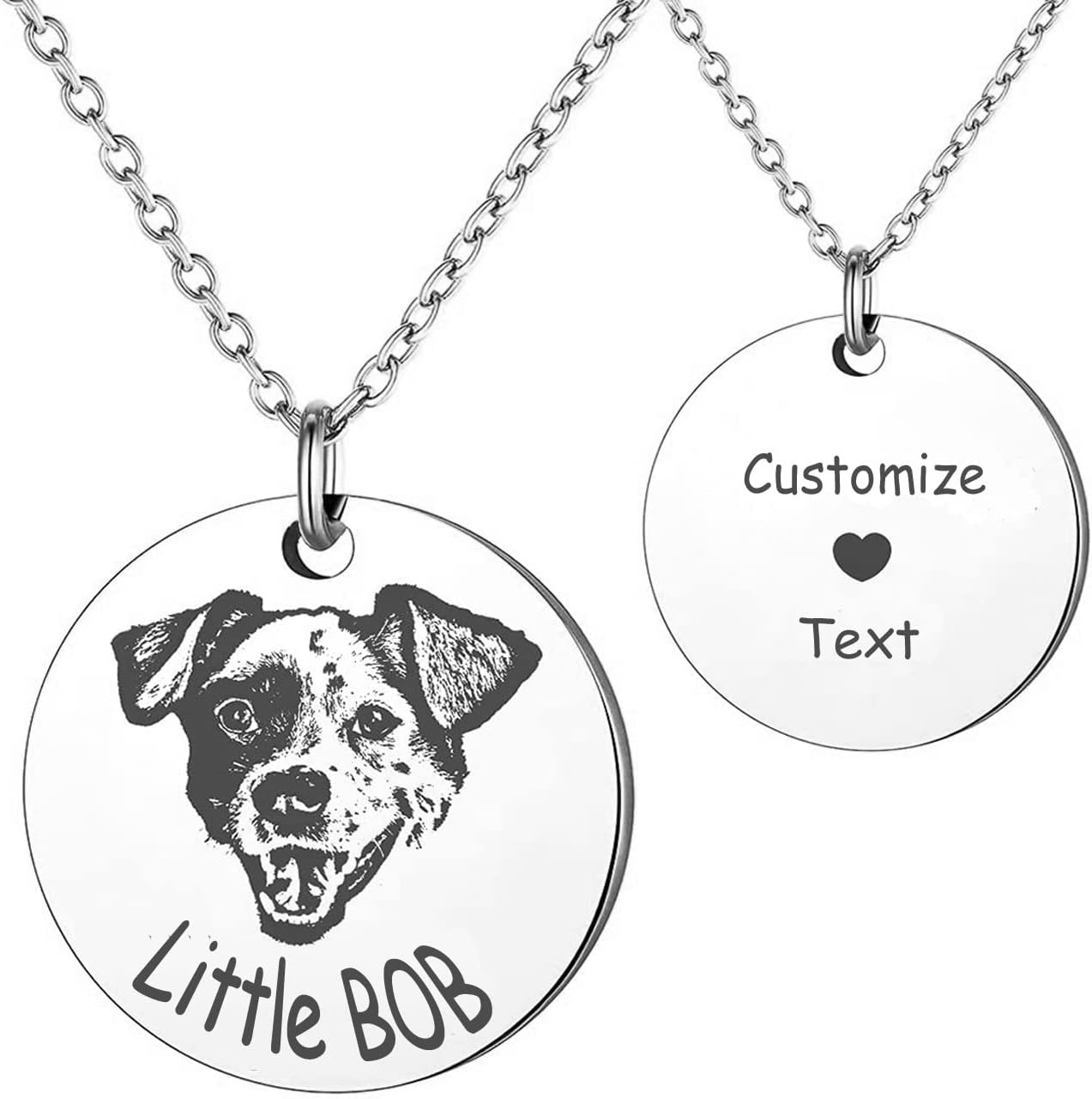 Pet Portrait & Name Necklace - Customized Photo Engraved Memorial Necklace for Cat Dog Animal Lover, Dog Mom - Birthday Gift