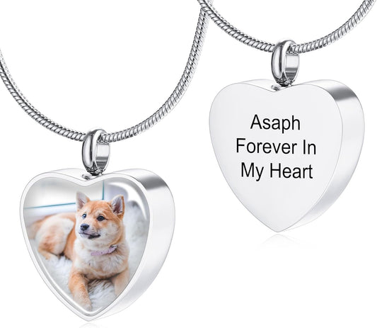 MeMeDIY Personalized Heart Paw Print Ashes Urn Pendant Necklace Custom Name/Photo/Date for Women Men Pet Lover Stainless Steel Memorial Dog Cat Pet Keepsake with Funnel Fill Kit Angel Wing