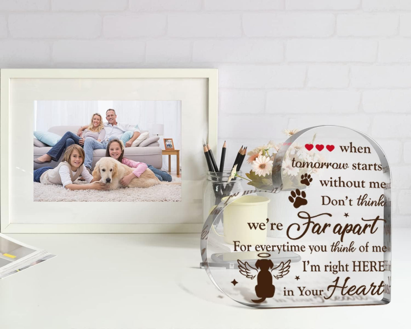 Creoate Dog Memorial Sign for Table, Heart Shaped Acrylic, Pet Memorial, Sentimental, Clear (6.3x6.3 Inches)