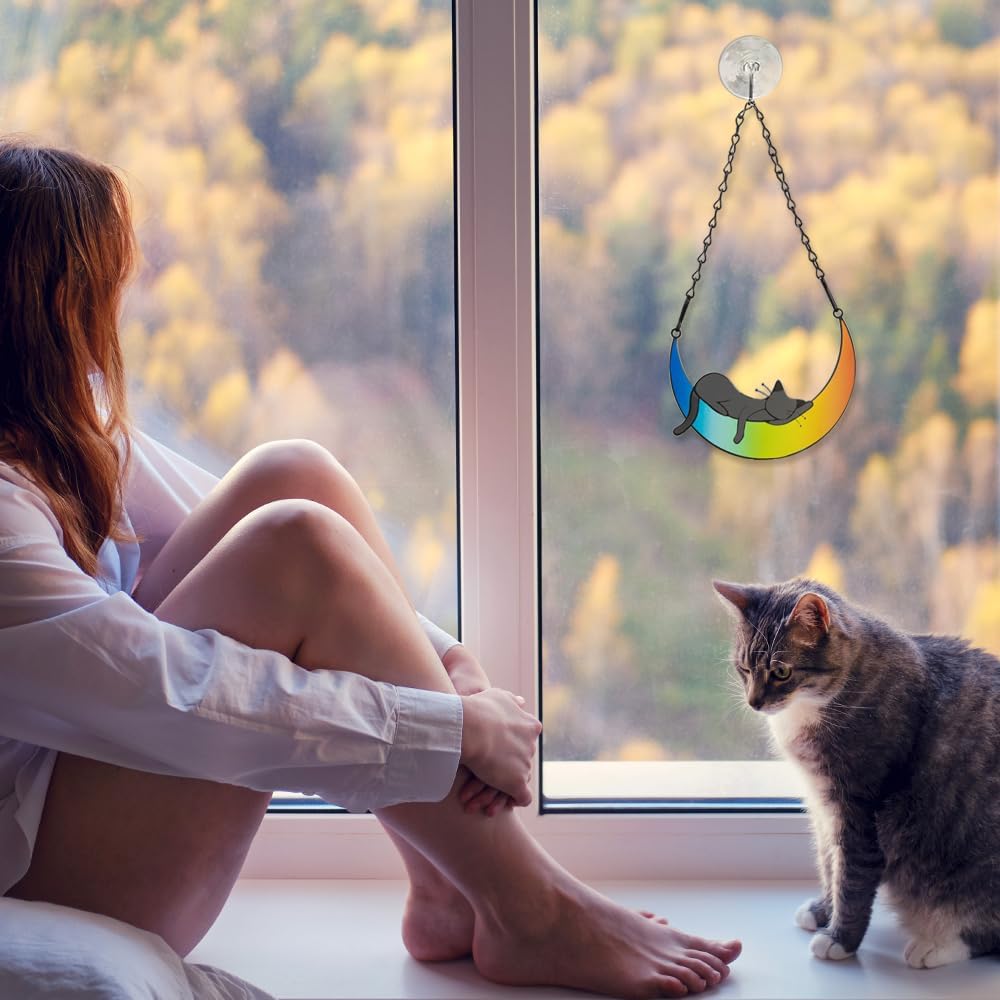callie Cat Memorial Gifts for Loss of Cats, Pet Memorial Suncatcher Decor for Windows Hanging, Sympathy Bereavement Gift for Cat Lovers (Rainbow Lying)