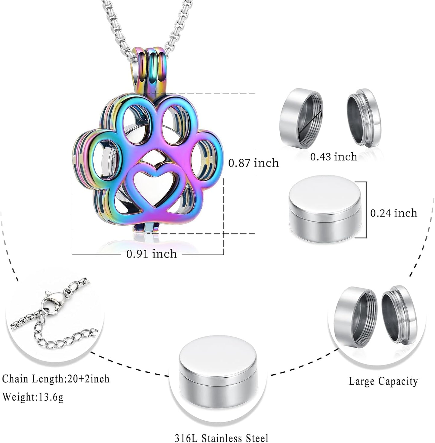 Oinsi Pet Cremation Jewelry For Ashes For Dog/Cat Paw Stainless Steel Memorial Locket Urn Necklace Inside Mini Case Keepsake Cremation Jewelry Women Men