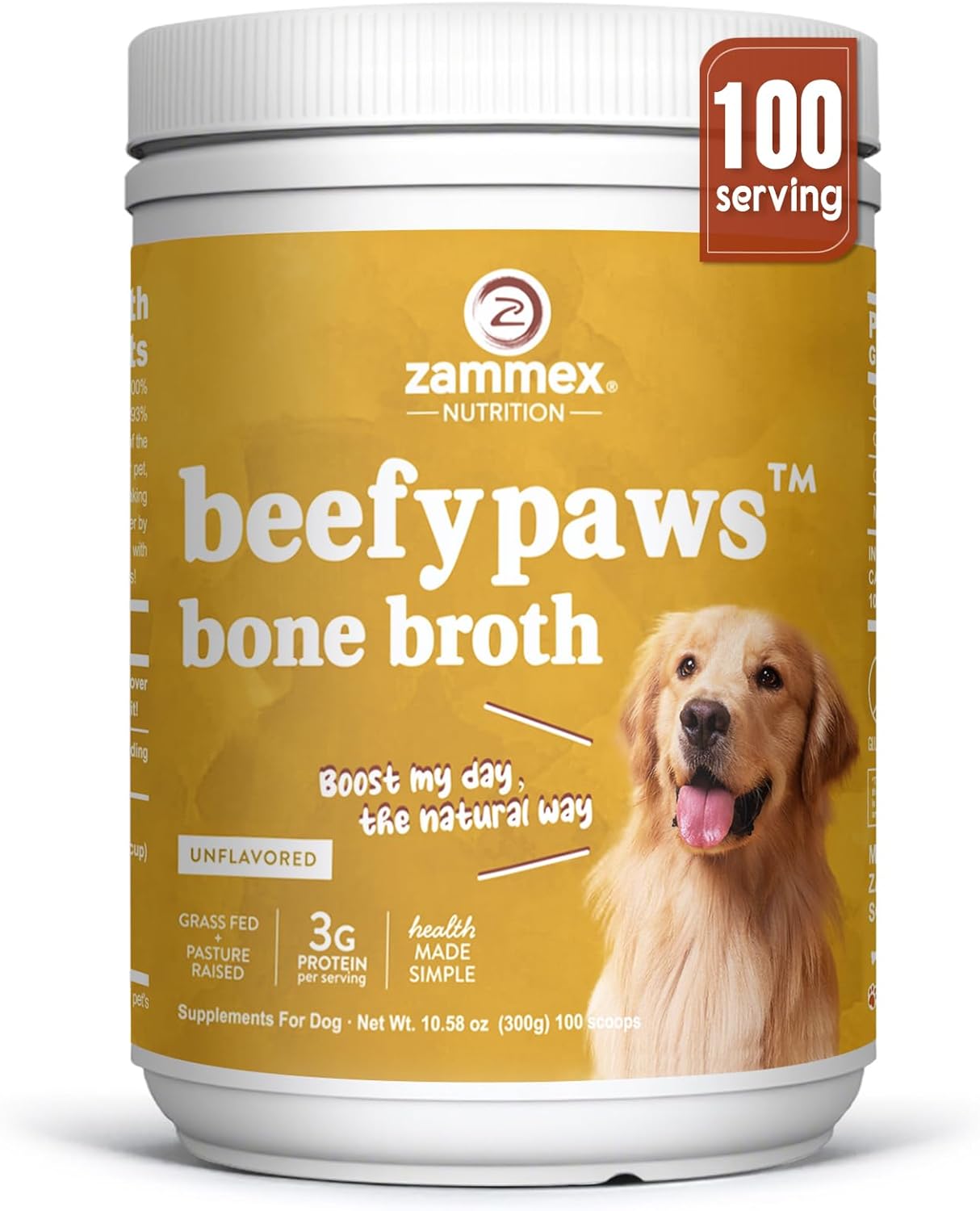 Zammex Grass-Fed Beef Bone Broth Protein Powder for Dogs & Cats - Joint & Bone Support, Healthy Fur Enhancer, Pet Food Topper for Dry & Wet, 10.58oz