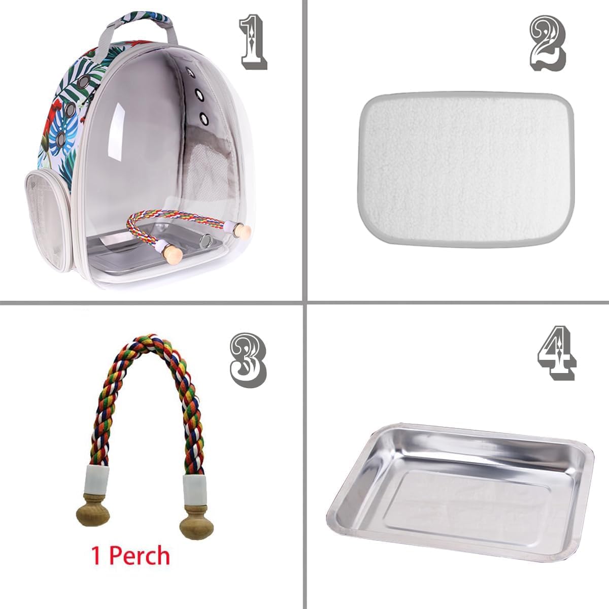 Bird Traval Carrier Cage, Clear Space Capsule Astronaut Backpack to Carry Parakeet Cockatiel Parrot with Metal Tray Wood Perch, Vet Transport Book Bag Floral Printed