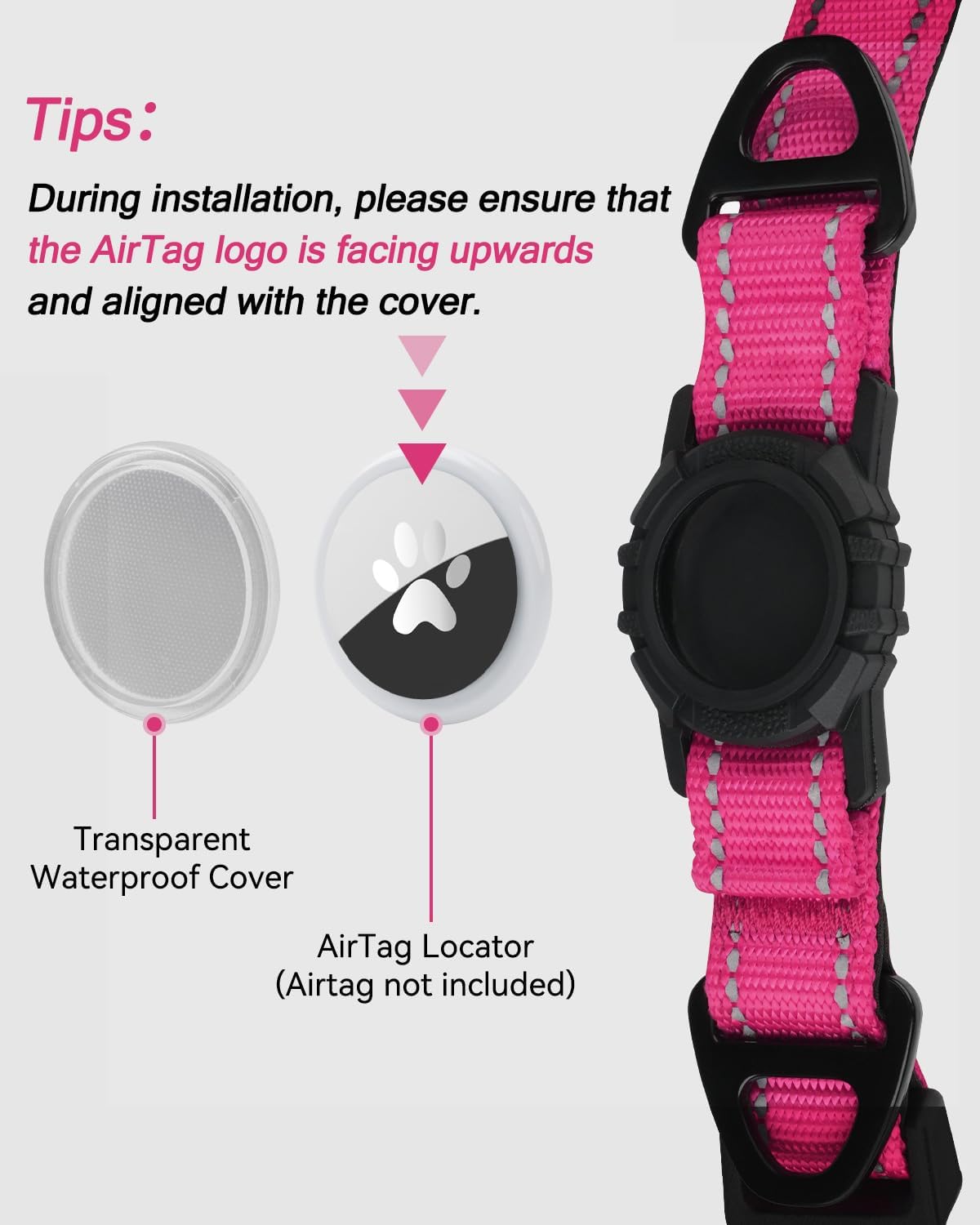 Joytale Airtag Dog Collar, Reflective Pet Collar with Waterproof AirTag Holder, Dual D-Rings, Soft Padded Adjustable for Extra Small and Puppy Dogs, Hotpink, XS