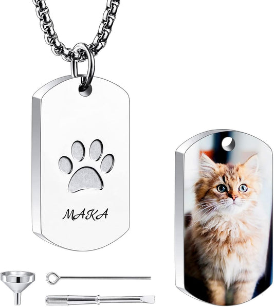 Personalized Urn Necklace for Pet Ashes Custom Photo/Name/Date Paw Print Pendant for Women Men Cremation Jewelry Memorial Keepsake for Dog/Cat/Pet Urn Necklace with Funnel Fill Kit