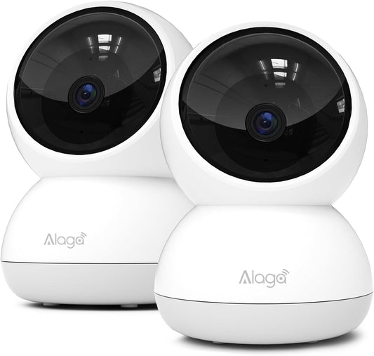 Alaga Indoor Security Camera,3K 5G and 2.4G WiFi, 360° Pan/Tilt, Human/Pet/Motion AI, Night Vision, Speaker, Indoor Camera with Phone App, Compatible with Alexa & Google Assistant，2-Pack White