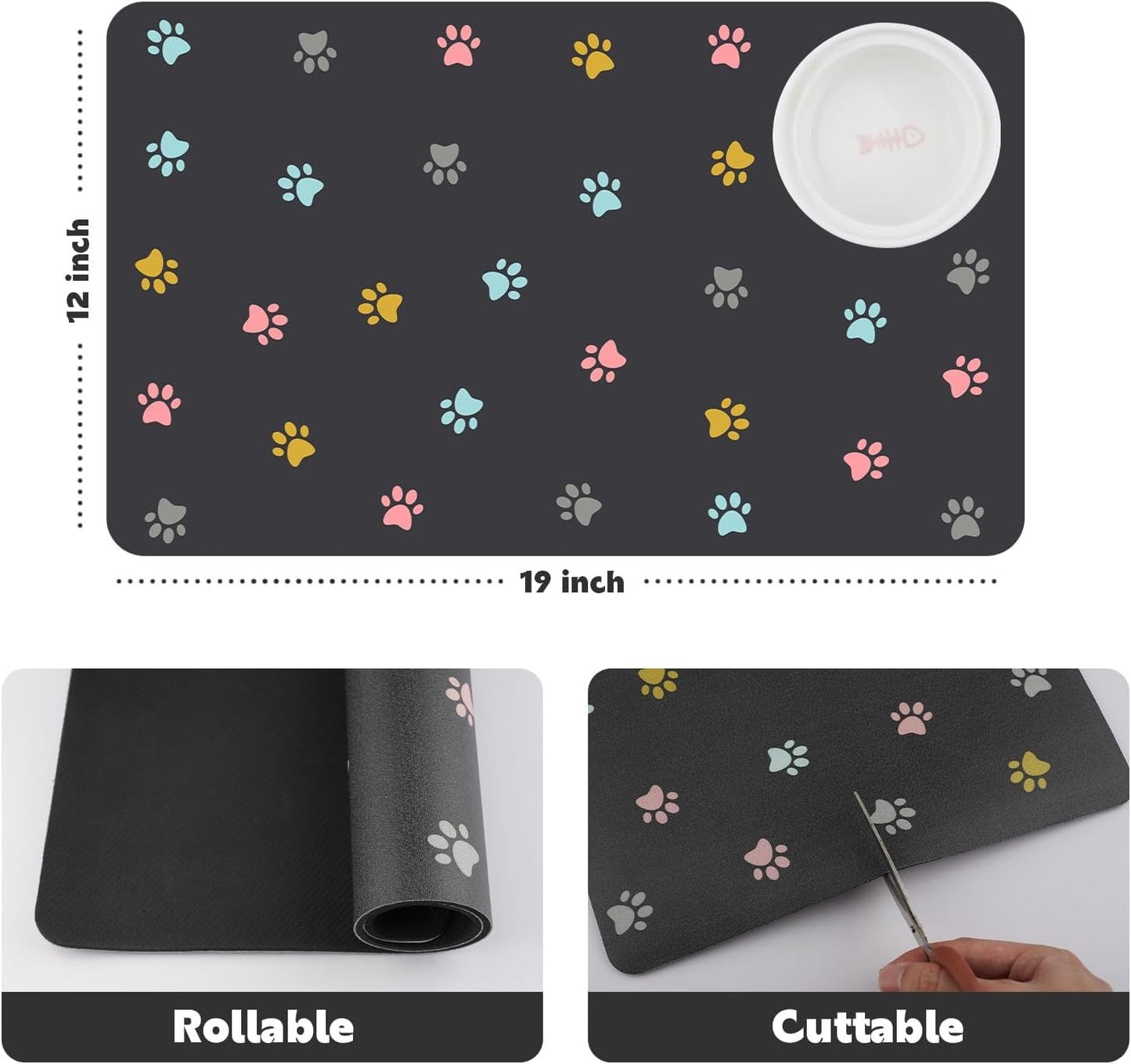 Cat Food Mat Absorbent Dog Mat for Food and Water Non Slip Quick Dry Dog Bowl Mats for Floors 19" X 12" Paw Dark Gray