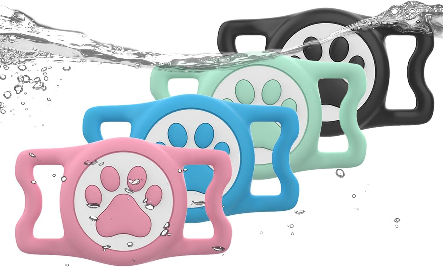 IP68 Waterpoof Dog Airtag Holder, Stretchy Silicone Full Body Covered Apple Air Tag Holder for Dog Cat Collar Fit All Width Collar (Black/Green/Blue/Pink, 4 Pack)