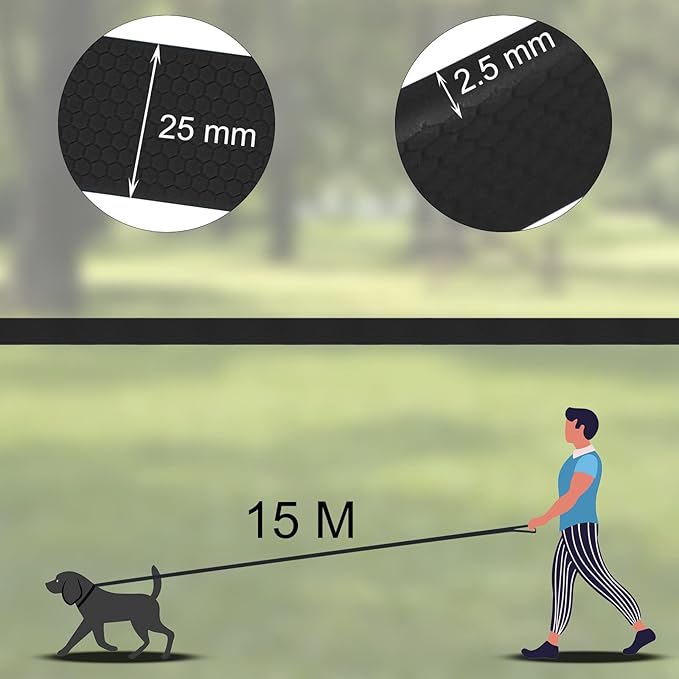 Wolfone 15m Black Heavy Duty Robust Training Dog Leash with Anti-Slip Handle，Waterproof Long Dog Leash for Outdoor Activities