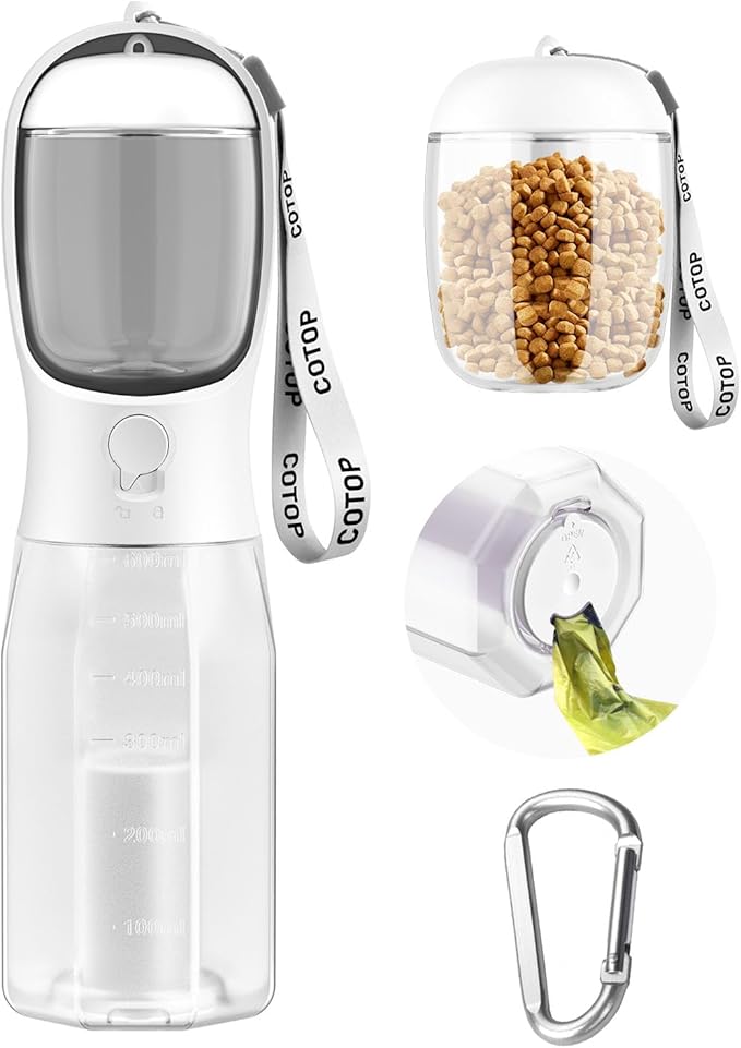 20oz Dog Water Bottle with Food Container & Poop Bag Dispenser | Leak-Proof Portable Pet Water Dispenser with Carabiner Clip | for Walking, Hiking, Travel (White, 20oz)