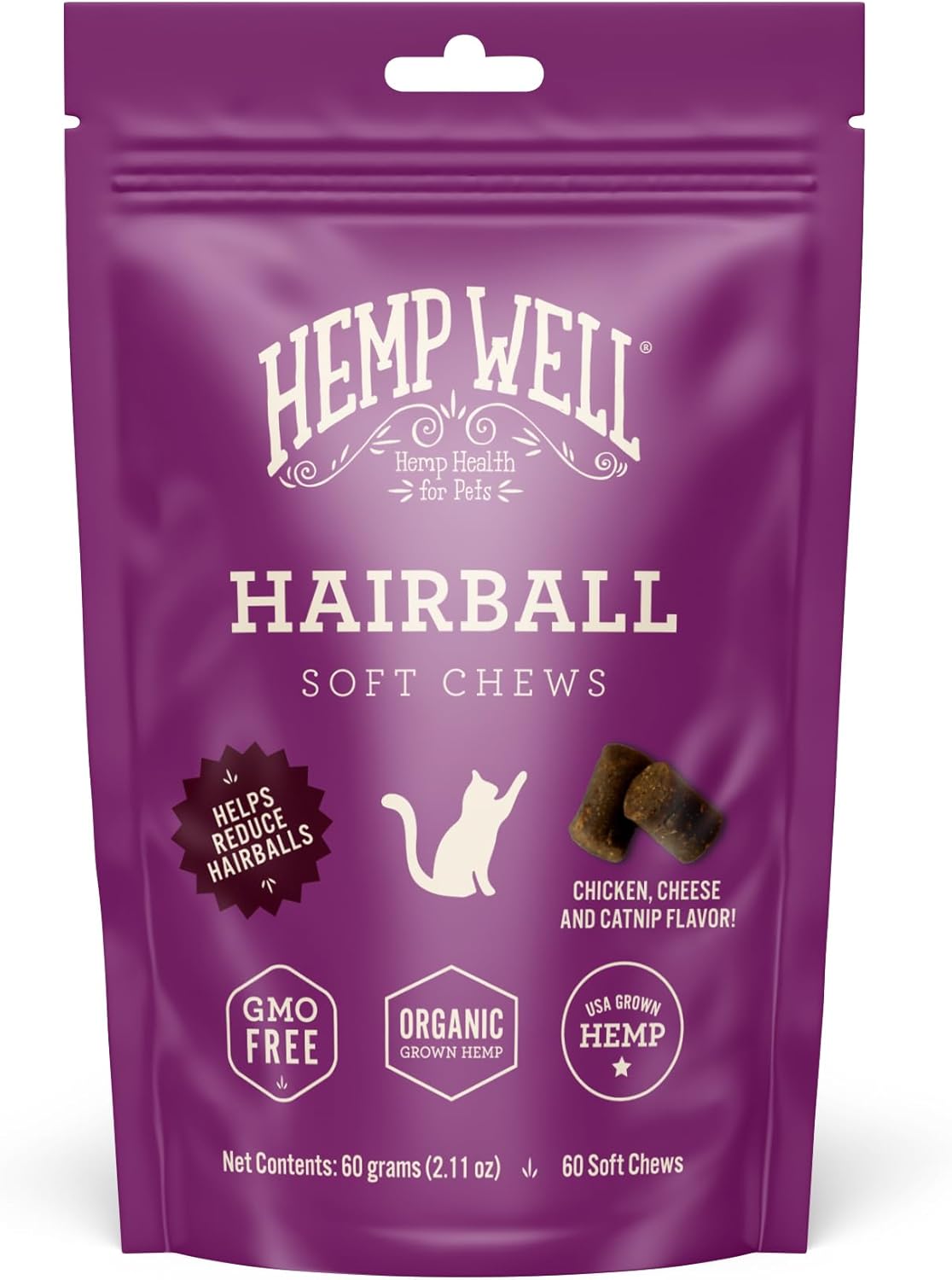 Hemp Well Cat Hairball Soft Chews for Cats, Organic USA Grown, Chicken Cheese & Catnip Flavor!