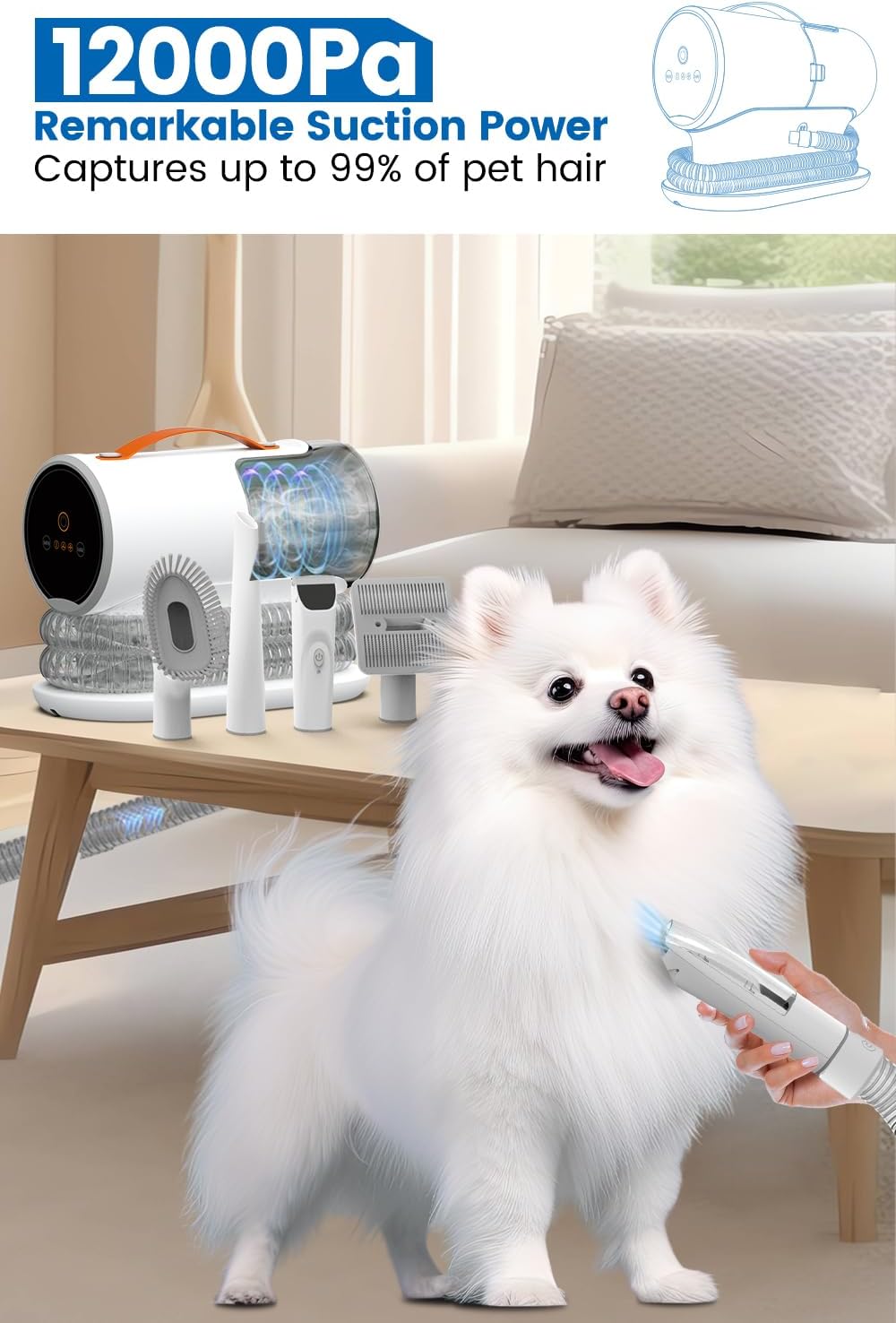 AIRROBO Dog Grooming Vacuum Kit with Pet Clippers, 12000Pa Dogs Vacuum for Shedding Grooming, 5 Grooming Tools Home Cleaning in 1, 2L Dust Cup Low Noise Pet Grooming Vacuum for Dogs, PG100