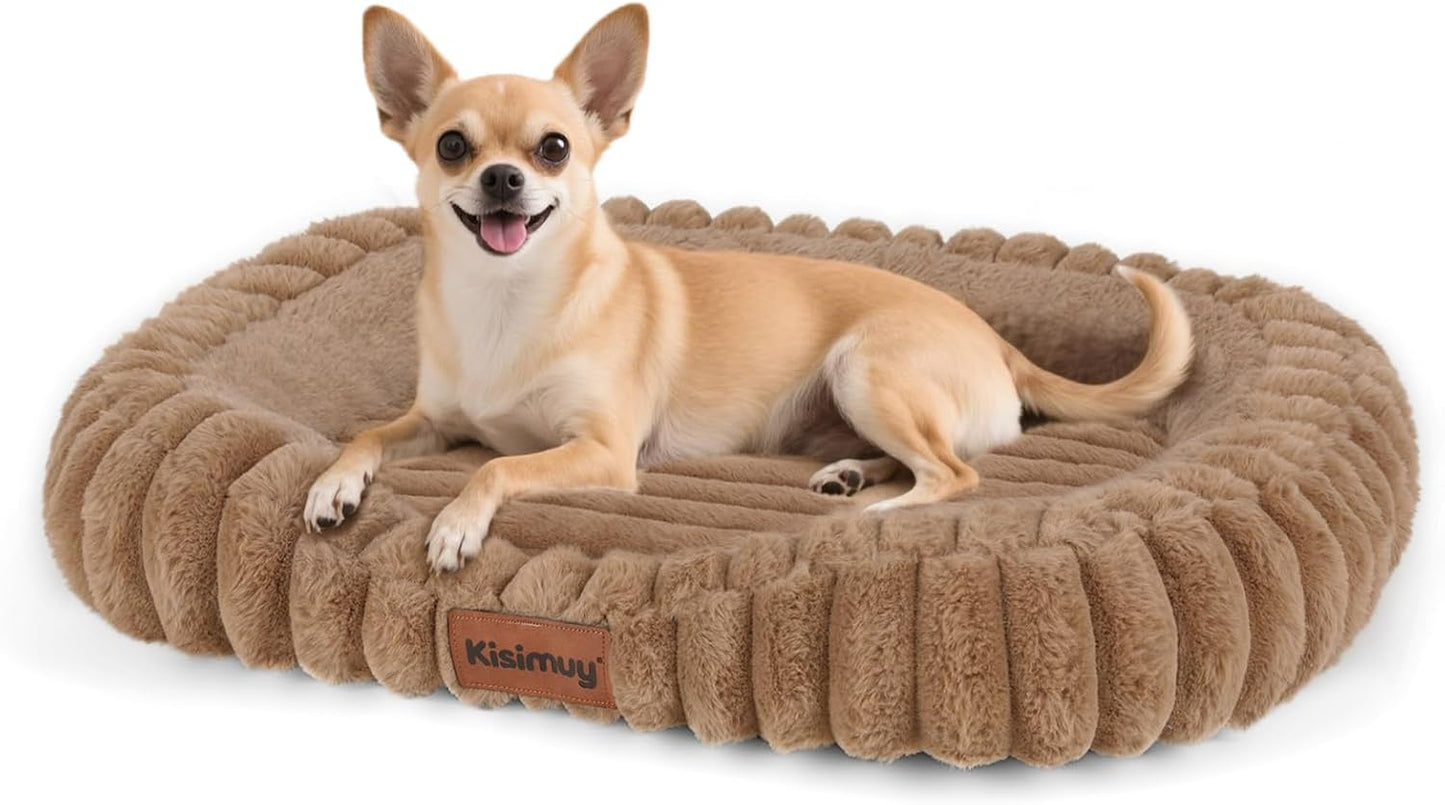 Cute Washable Dog Bed for Small Dogs -Soft Furry Calming Puppy & Cat Bed, Rectangle Bolster Anti-Anxiety Puppy Bed with Handle, Durable Removable Cover & Anti-Slip Bottom, 25in, Brown