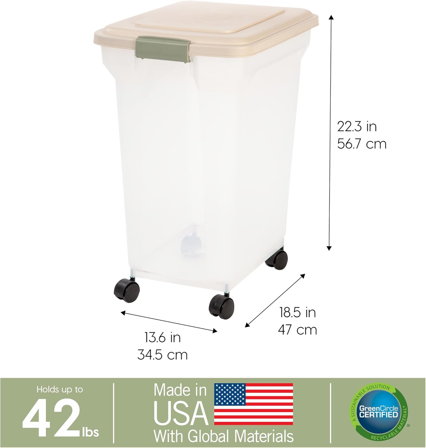 IRIS USA Airtight Dog Food Storage Container, WeatherPro, Up to 40 lbs, Removable Wheels, for Dog Cat Bird and Other Pet Food Storage Bin, Keep Fresh, Translucent Body, Made in USA, Clear/Almond