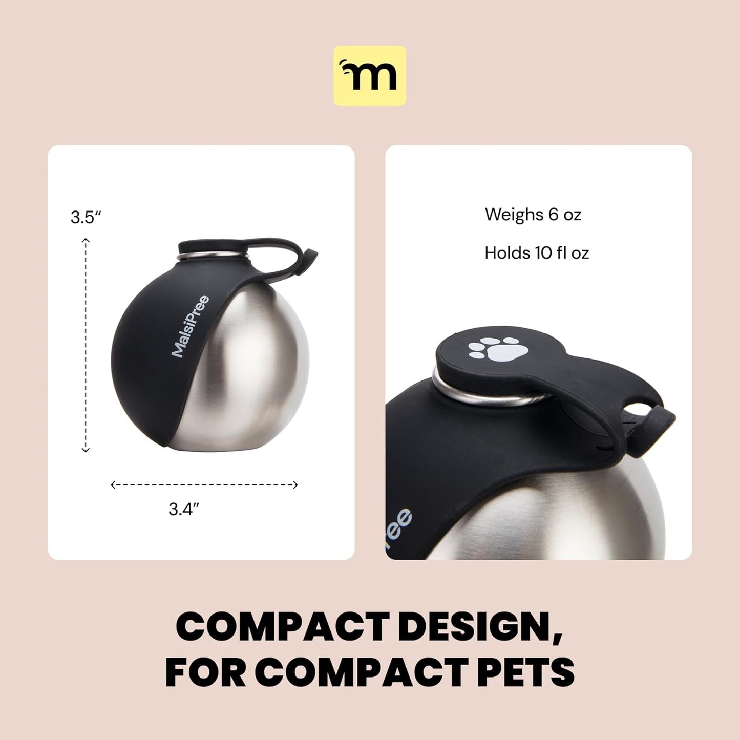 Malsipree 2-in-1 Portable Dog Water Bottle & Bowl for Small Dogs - Leak Proof & Insulating - Travel Water Dispenser - Stainless Steel Bottle & Silicone Bowl - Walking & Hiking (10 fl oz, Black)