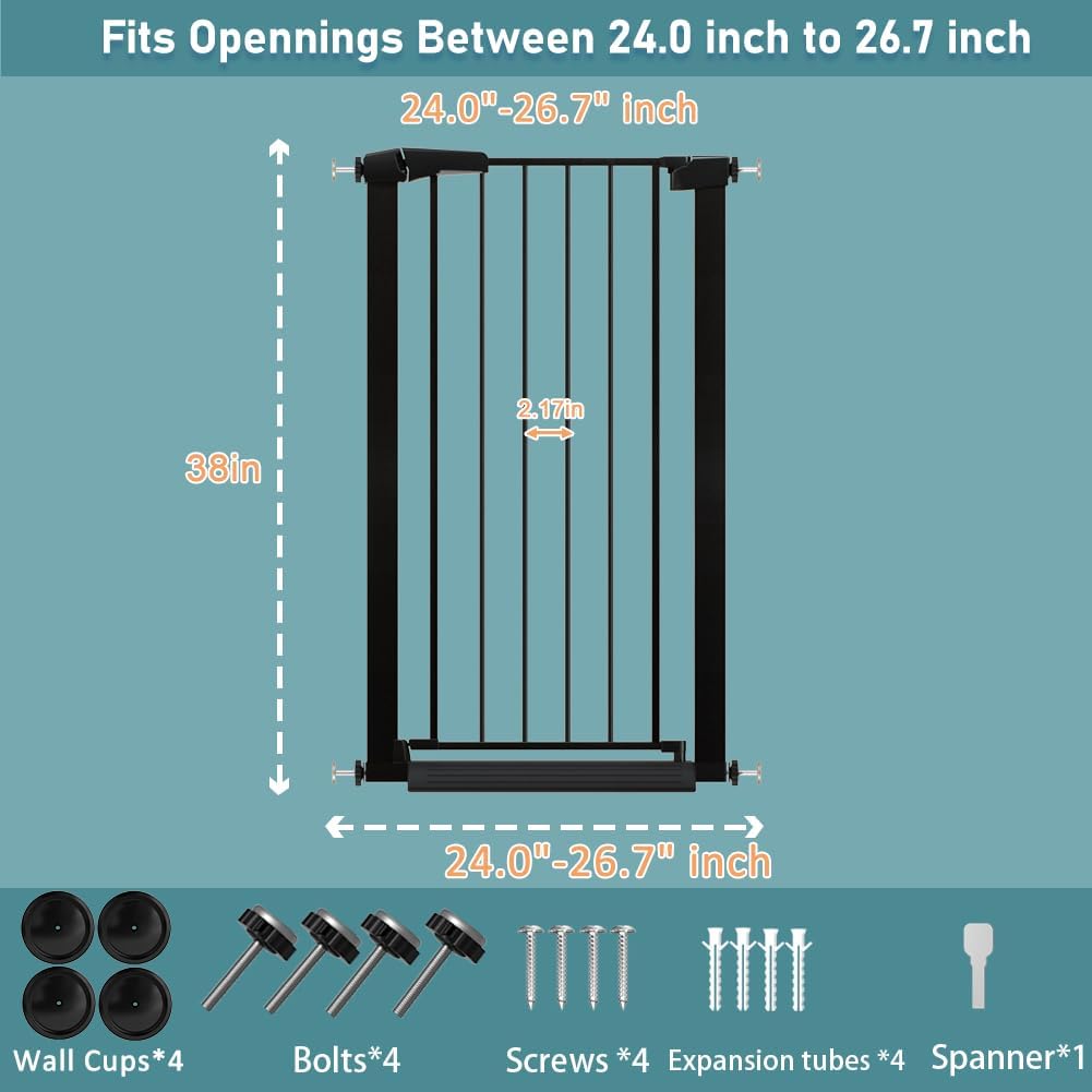 Fairy Baby Narrow Baby Gate 24.0"-26.7" Inch Wide, 38" Tall Pressure Mounted Auto-Close Dog Gate for Small Stairs and Doorways, Metal Safety Gate Indoor for Kids and Pets with NO Extensions, Black
