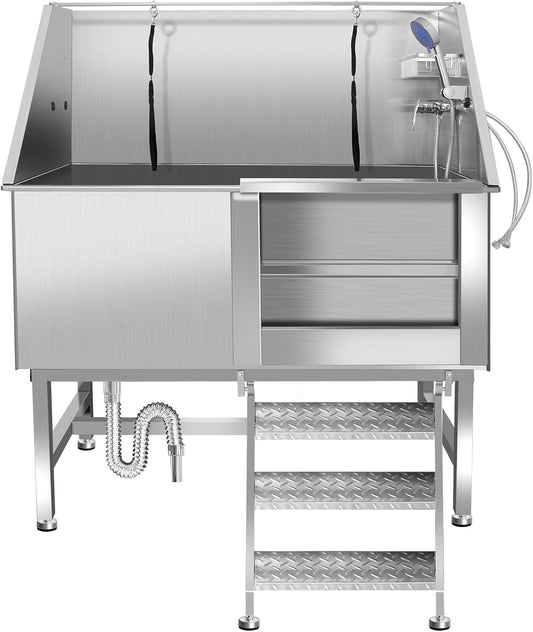 50" Pet Dog Bathing Station w/Ramp, Professional Stainless Steel Cat Grooming Tub w/Soap Box, Faucet,Rich Accessory, Dog Bathtub for Large,Medium,Small Pets, Washing Sink for Home