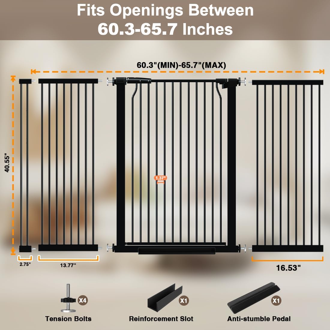 41" Extra Tall Dog Gate for Doorways Stairs, 60.3-65.7 in in Wide Baby Gates Walk Thru, No Drill Long Pet Gate for Doggie Puppy, Auto Close Large Child Safety Gate with Door Indoor, Black