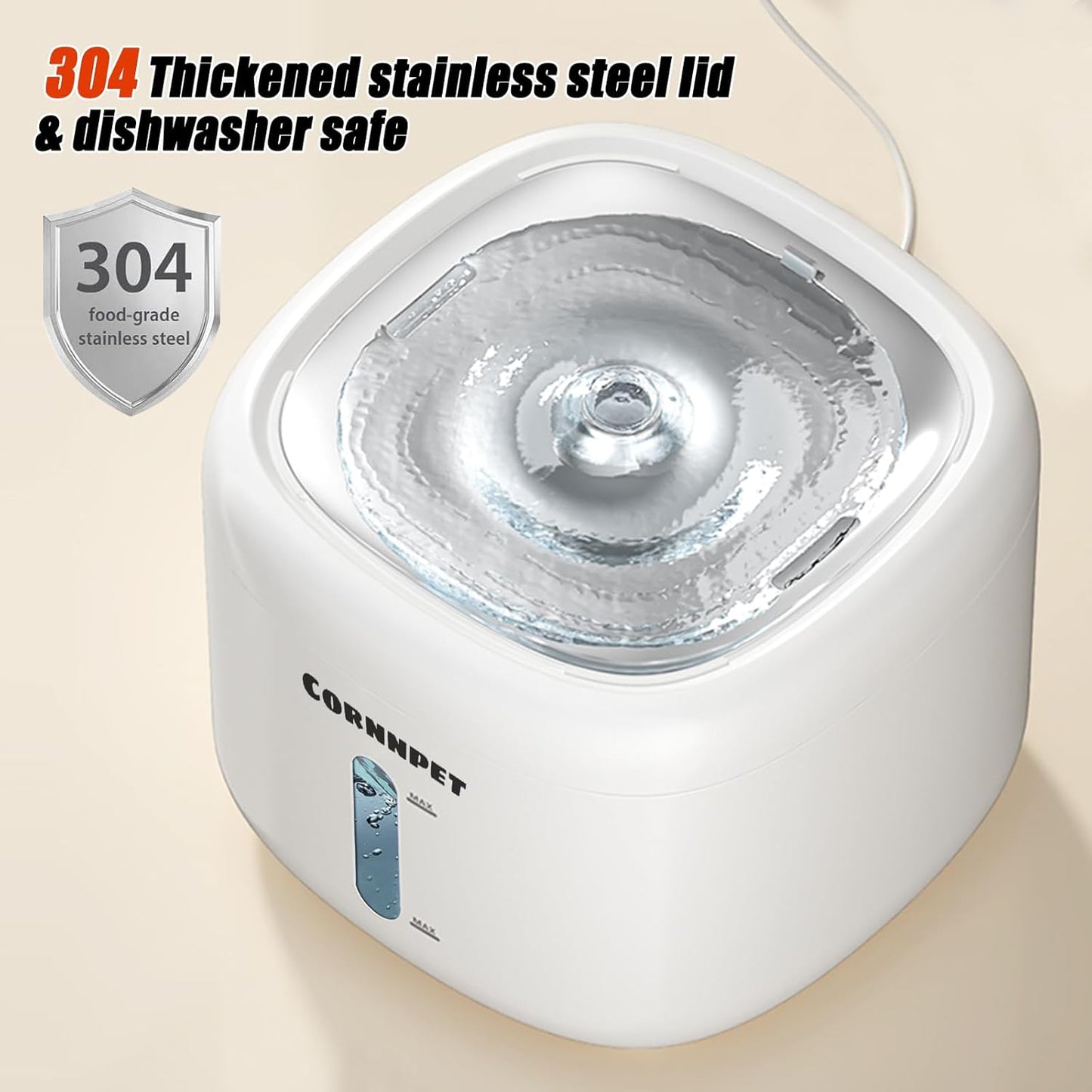 Stainless Steel Lid Cat Water Fountain 74Oz/2.2L Dog Fountain for Drinking - Dogs Drinking Waterer Bowls Indoor - Pet Water Fountain - Ultra Silent - Kitten Drinking Fountains with 3 Filters and 1 Mat