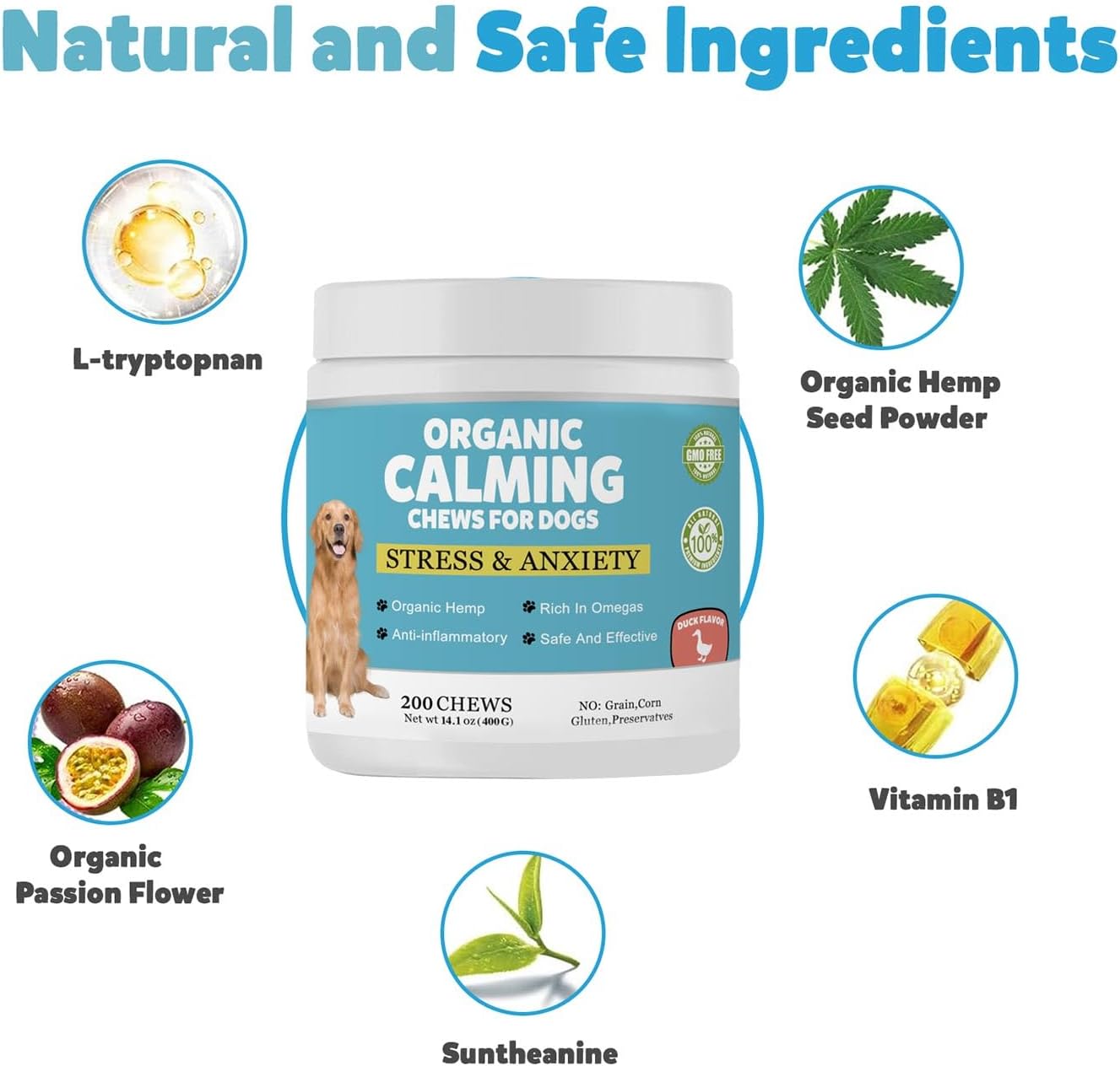 Dogs Calming Treats Chews - Anxiety Relief Chews, Separation Anxiety and Stress Relief for Dogs, Sleep Calming Aid - Health & Wellness Supplements for Dog Puppy, 200 Count (Duck)