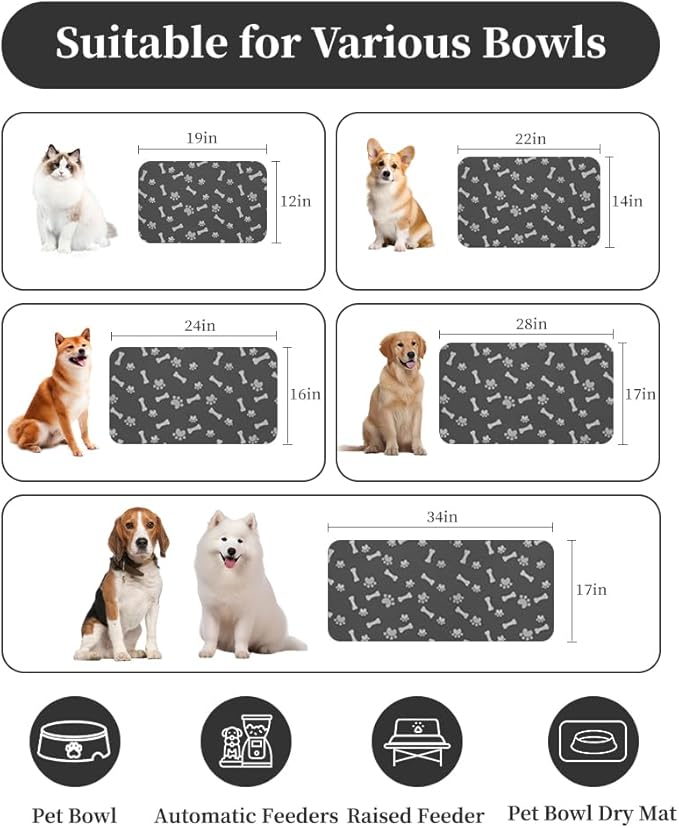 MontVoo Dog Food Mat-Pet Feeding Mat for Food and Water-No Stains Quick Dry Dispenser Cat Bowl Mat for Messy Drinkers(12"x19" Dark Grey)