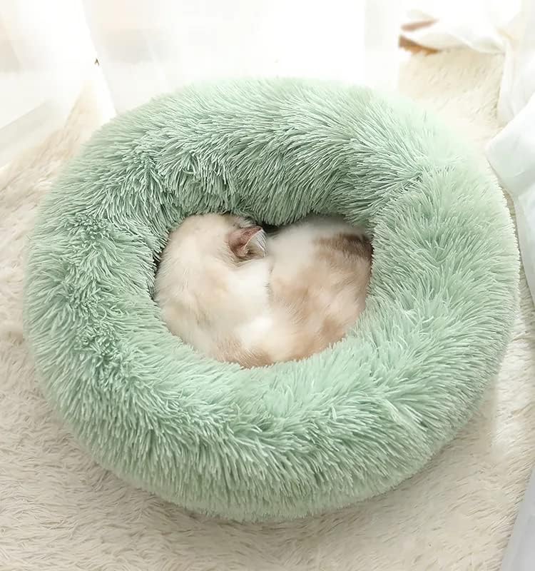 Cat Beds for Indoor Cats - Washable 20/24 inches, Anti-Anxiety Round Plush Faux Fur, Thick Bottom (Light Green, Medium) - Suitable for Small to Medium Dogs