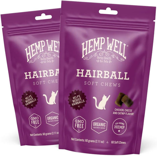 Hemp Well Cat Hairball Soft Chews for Cats (2 Pack), Organic USA Grown, Chicken Cheese & Catnip Flavor!