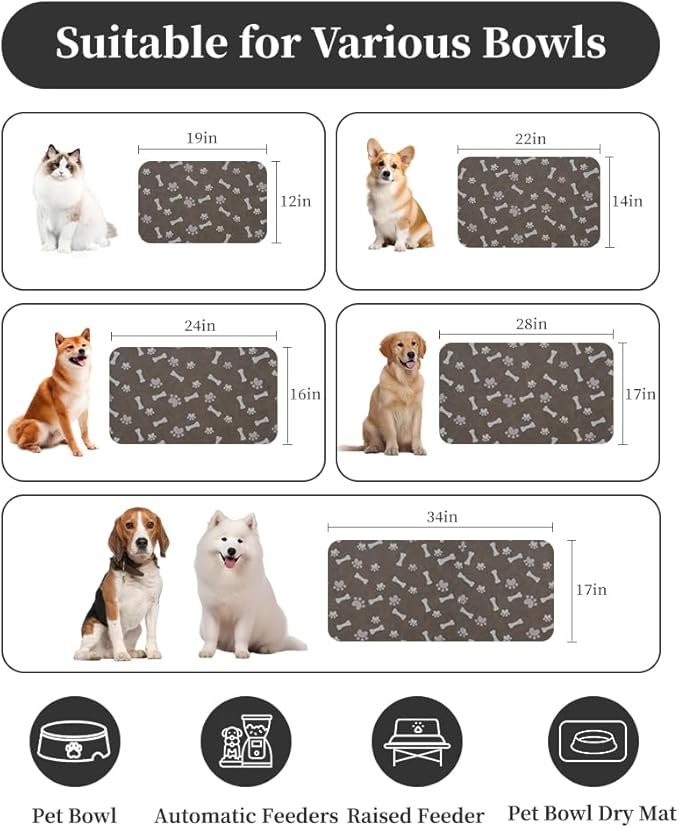 MontVoo Dog Food Mat-Pet Feeding Mat for Food and Water-No Stains Quick Dry Dispenser Cat Bowl Mat for Messy Drinkers(17"x34" Brown)