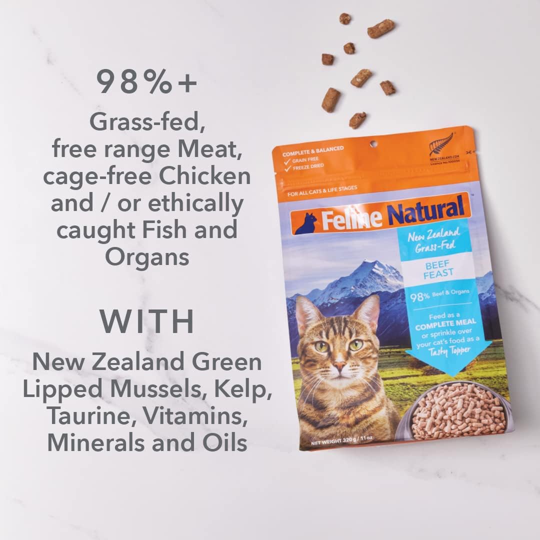 Feline Natural High Protein Dry Cat Food, Freeze-Dried Diet with 98% Meat, Organs & Seafood, No Peas, Grains, or Artificial Additives, Made in New Zealand Beef & Hoki, 3.5oz (Pack of 2)