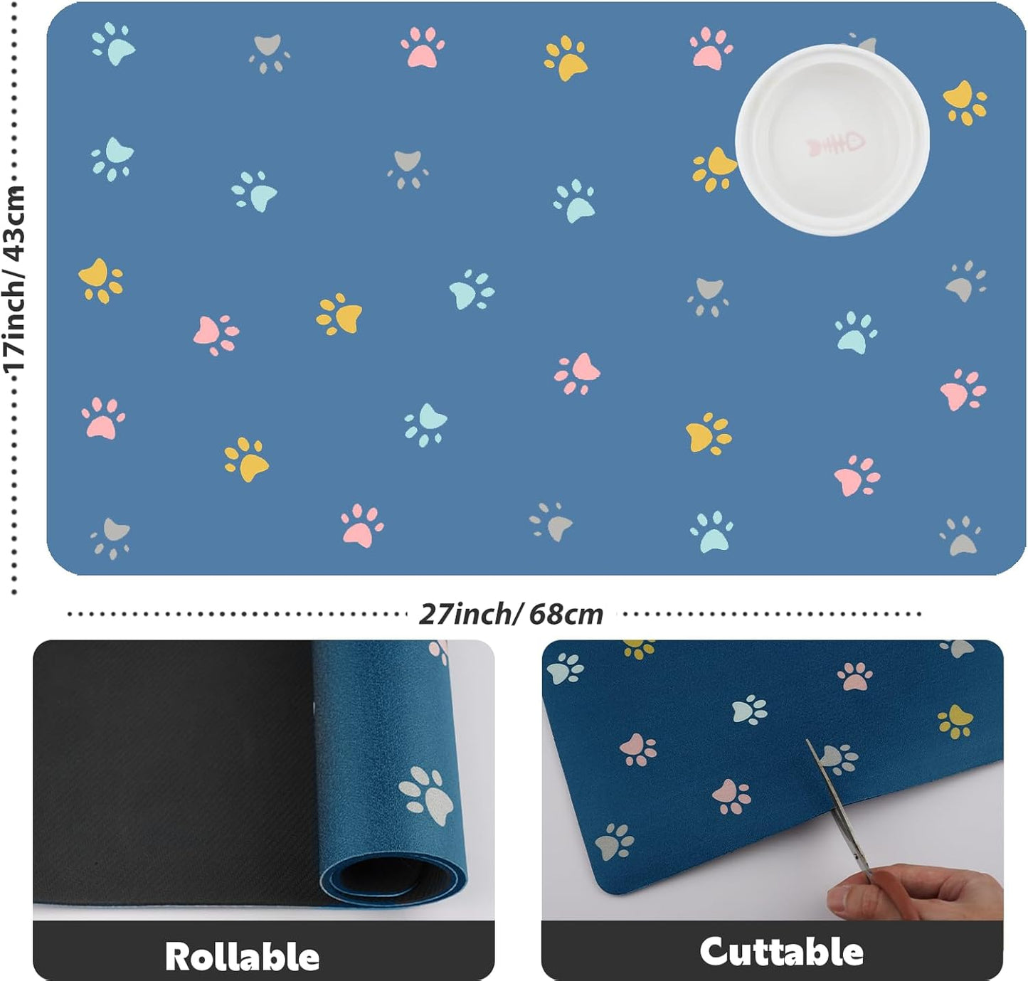 Pet Feeding Mat Absorbent Dog Mat for Food and Water Non Slip Quick Dry Dog Bowl Mats for Floors 27" X 17" Paw Lake Blue