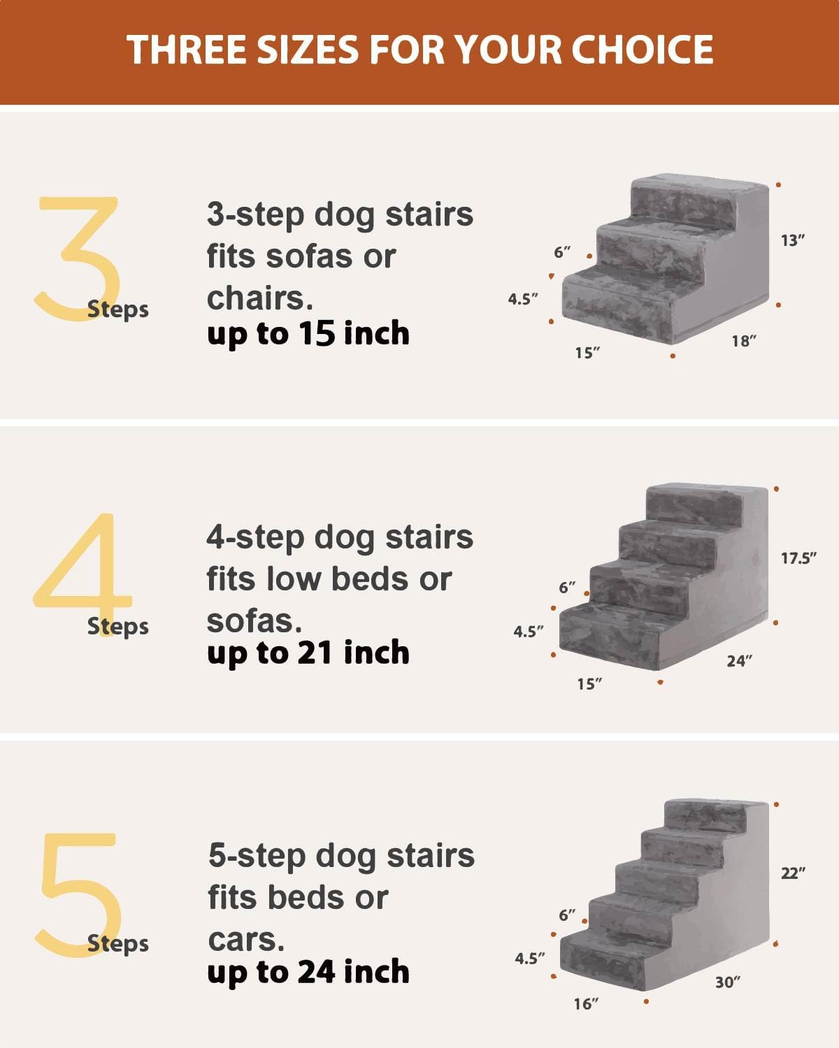 Dog Stairs for Small Dogs,13" 3-Step Pet Stairs for Couches，Dog Steps with Non-Slip Bottom and Removable Cover Indoor Outdoor,Grey