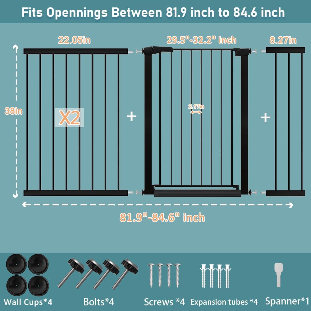 Fairy Baby 38" Extra Tall Baby Gate for Stairs & Doorway, 81.9"-84.6" Extra Wide Long Dog Pet Gate for House Indoor, Long Safety Child Gate No Drill, Metal Auto Close Walk Thru Swing Puppy Gate, Black