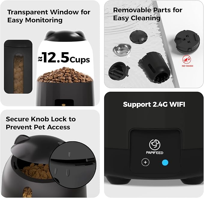 PAPIFEED Automatic Cat Feeder, 2.4G WiFi Auto Cat Food Dispenser with App Control, 3L Auto Pet Feeder with Dual Power Supply, Detachable for Easy Clean for Cats and Small Dogs, Black